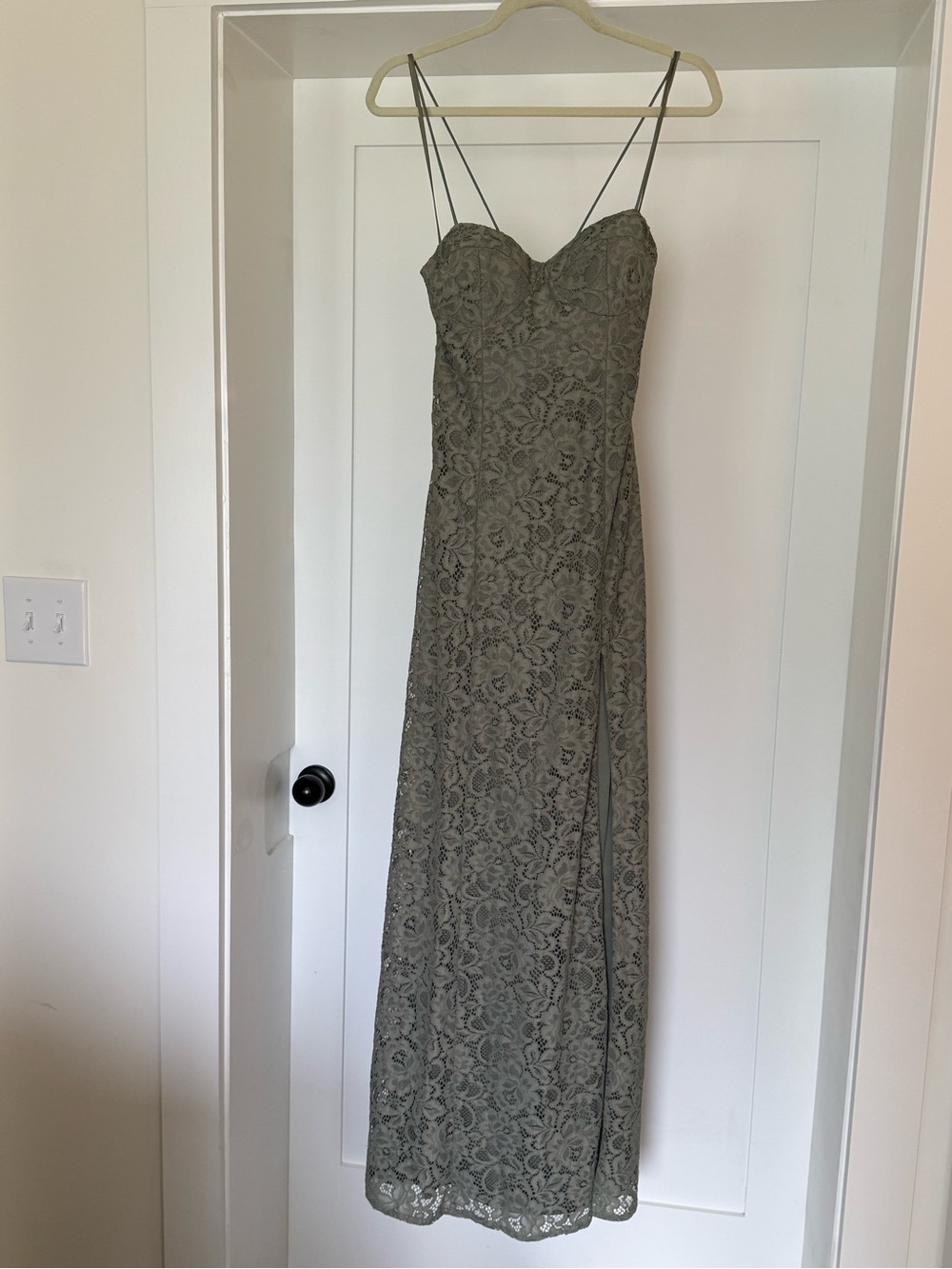 BHLDN Emma Sweetheart Lace Gown Olive Lace Maxi with Spaghetti Straps - Picture 8 of 13